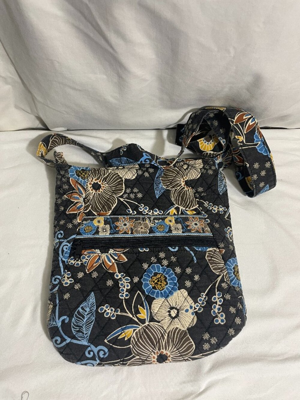 Tanya Lee Quilted Floral Crossbody Bag Blue Brown Adjustable Strap 10”